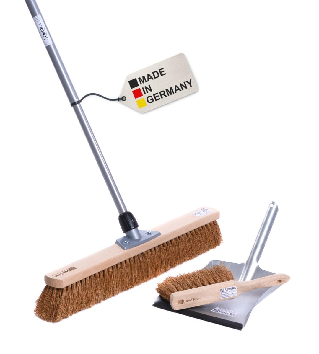 BawiTec Kokosbesen Kehrset,Komplett-Set,Besen 40cm,mit Teleskopstiel verstellbar,Handfeger Holz 28cm