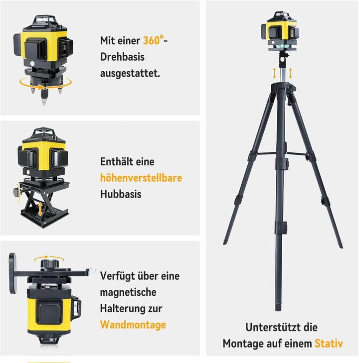 Laser Wasserwaage Kreuzlinienlaser wmit Stativ – Selbstnivellierender Rotationslaser 16 Linien 360°,
