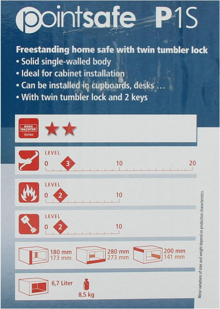Burg-Wächter Möbeltresor mit Doppelbartschloss, Wand- und Bodenbefestigung, PointSafe P 1 S, Schwarz