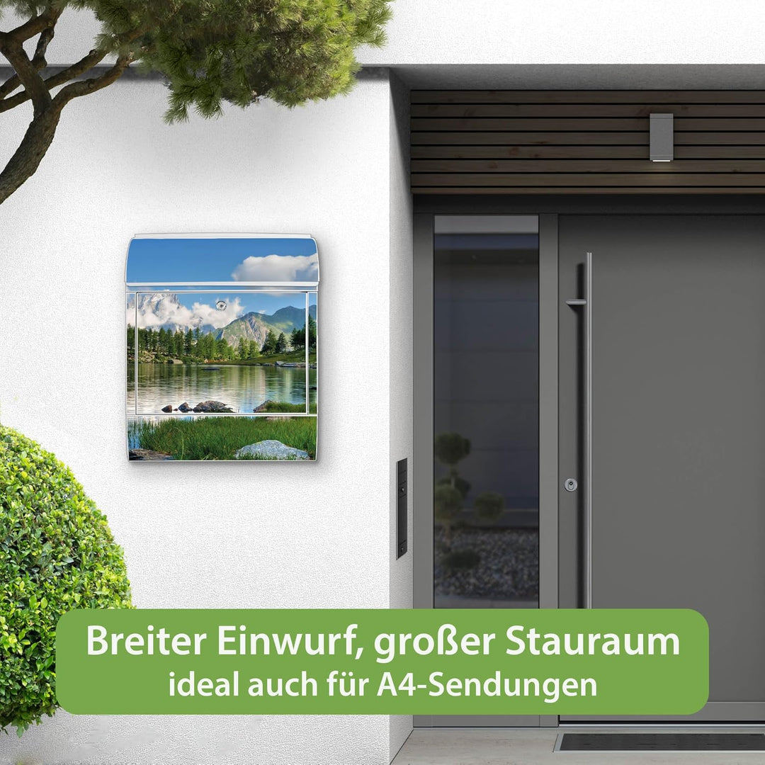 banjado® Design Briefkasten mit Motiv Gebirgssee 39x47x14cm &amp; 2 Schlüssel - Briefkasten Stahl weiss