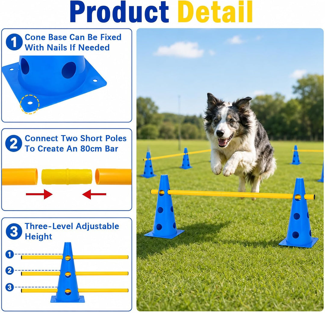8 Stück Agility Set Hunde Klein, Cavaletti Steckhürdenset mit Kegeln und Stangen, Einstellbare Train