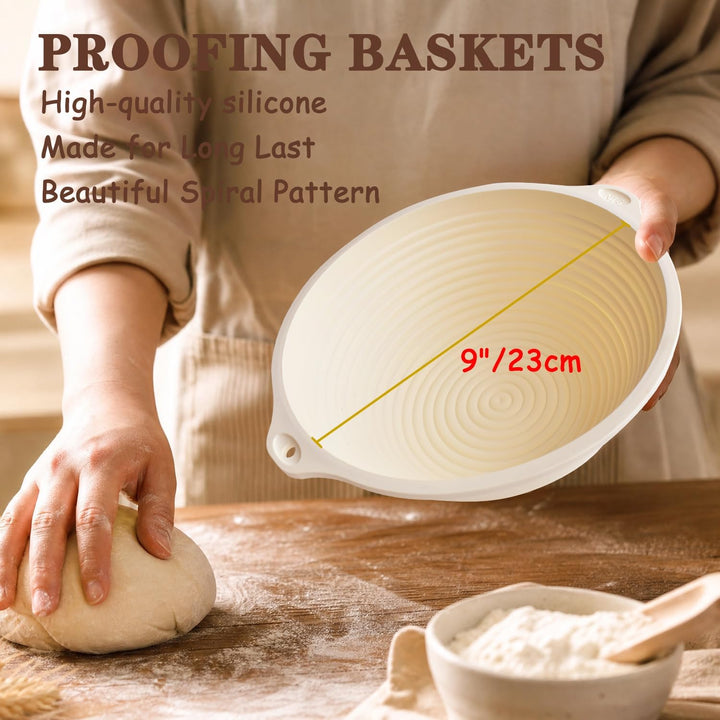 Sauerteig Starter Set, 9-teilig Brotgärkorb Set aus Silikon Gärkörbchen 23cm Rund und 25cm Oval Gärk