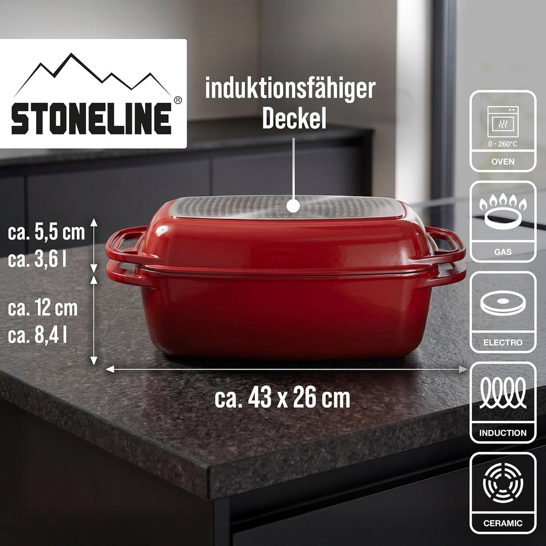STONELINE Bräter Induktion 43 x 26 cm, 7,8 L, Bräter mit Deckel backofengeeignet, Deckel als Auflauf