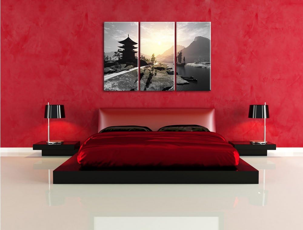 Pixxprint asiatischer Tempel an Fluss als Leinwandbild/Grösse: 3 Teilig (120x80 cm) cm/Wandbild/Kuns