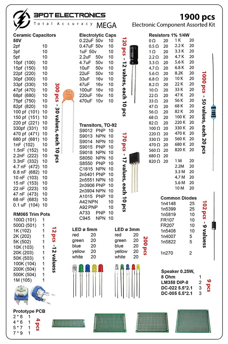Mega Elektronische Bauteile Elektrotechnik Sortiment Kit, Kondensator, Elkos, Widerstände, LED 3mm 5