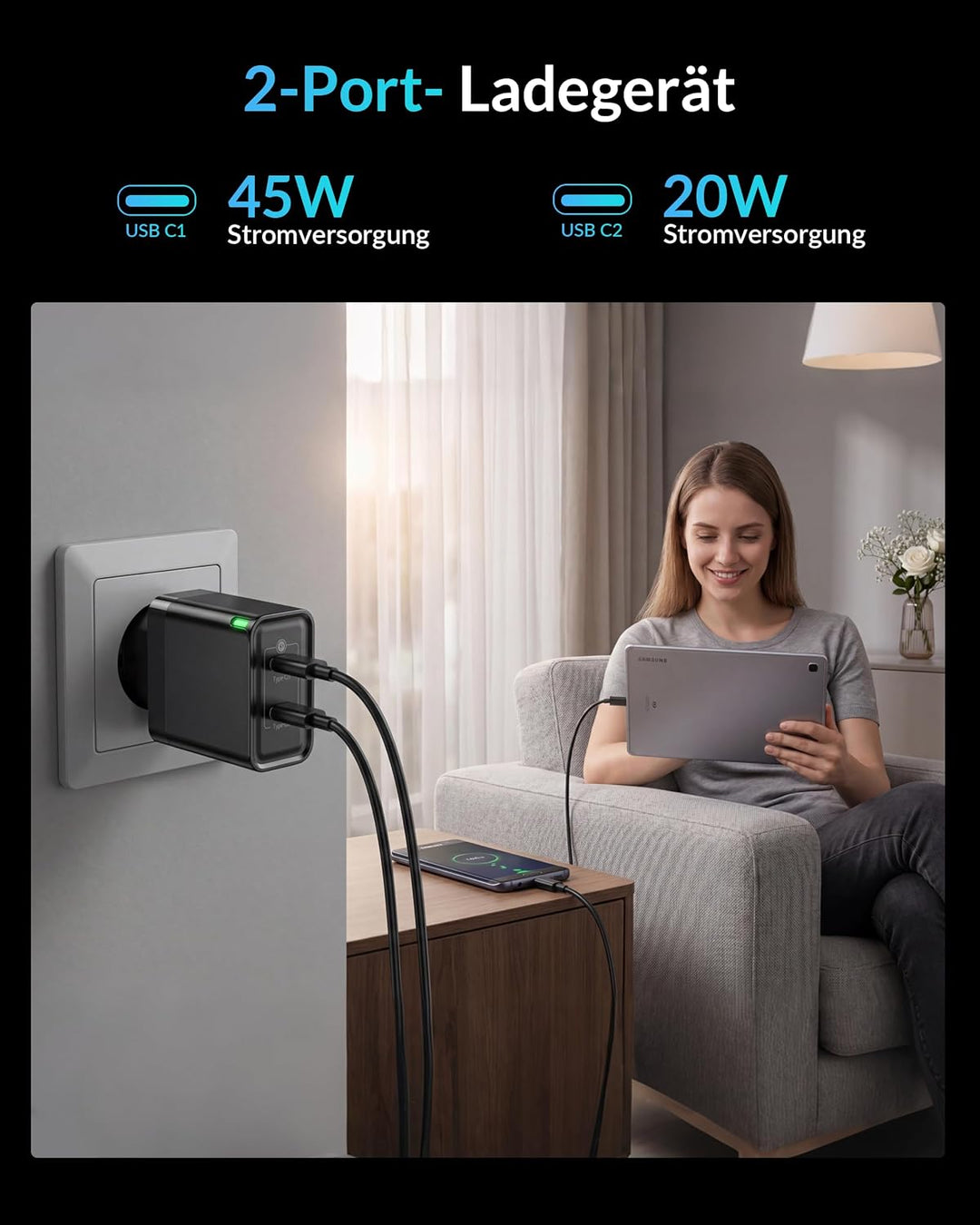 45W 2-Port USB C Ladegerät Schnellladegerät und 2M Ladekabel, 2 Pack | Fast Charger Adapter mit Typ