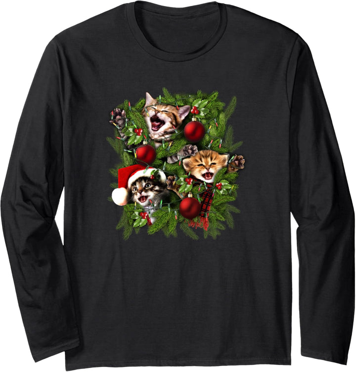 Christmas Vintage Kitten Tree Holiday Wreath Portrait Langarmshirt