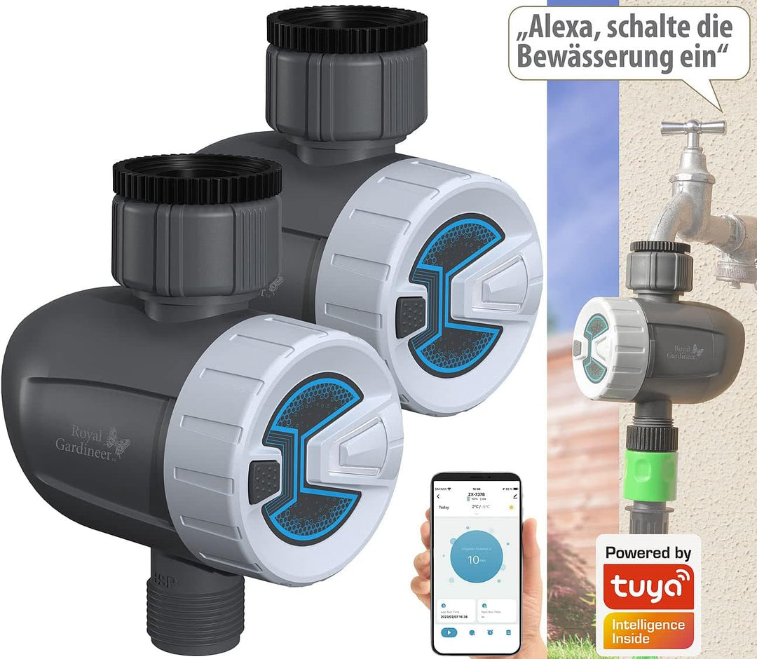 Royal Gardineer Magnetventil Bluetooth: 2er-Set smarte programmierbare Bewässerungscomputer mit BT &