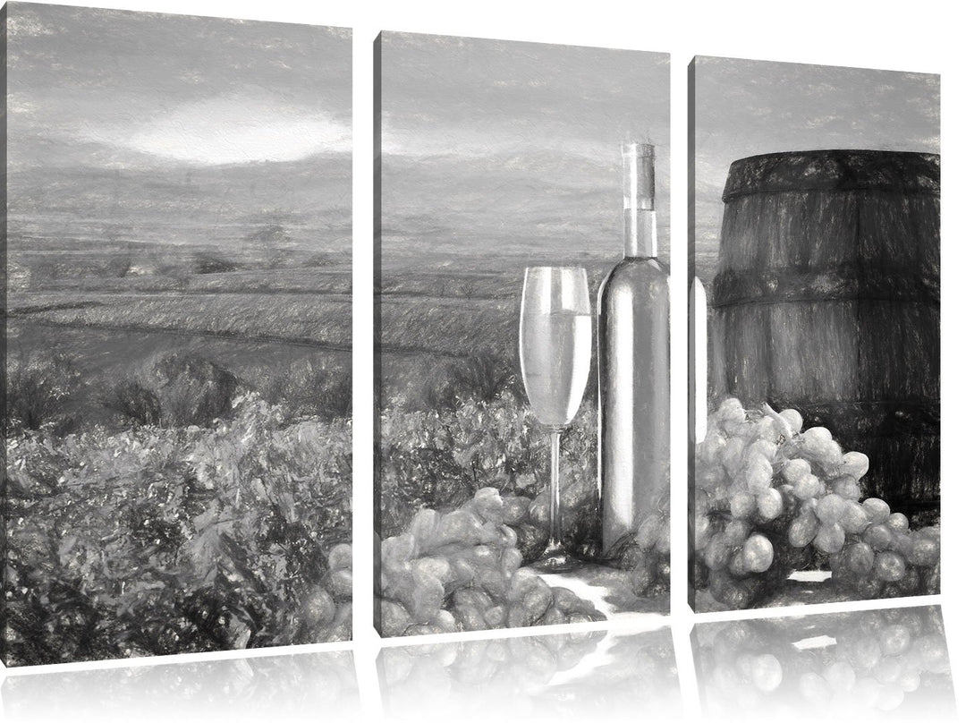Pixxprint Weinreben mit Weinflasche und Fass Kohle Zeichnung Effekt 3-Teiler Leinwandbild 120x80 Bil