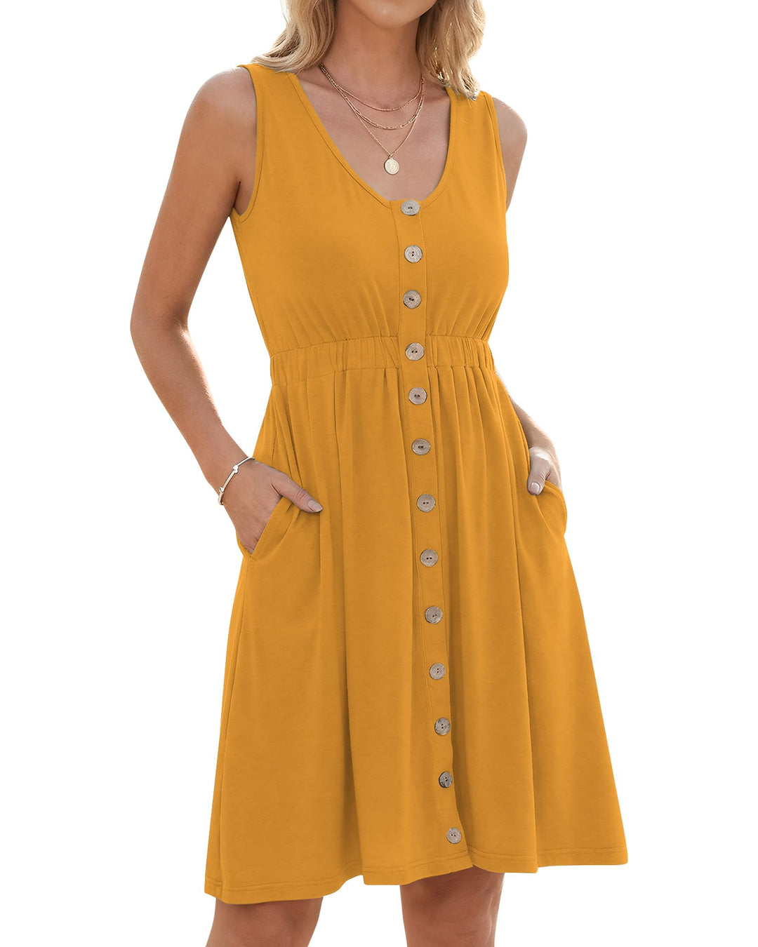 AUSELILY Sommerkleid Damen Ärmellos V-Ausschnitt Minikeid Casual Button Down Strandkleid mit Taschen