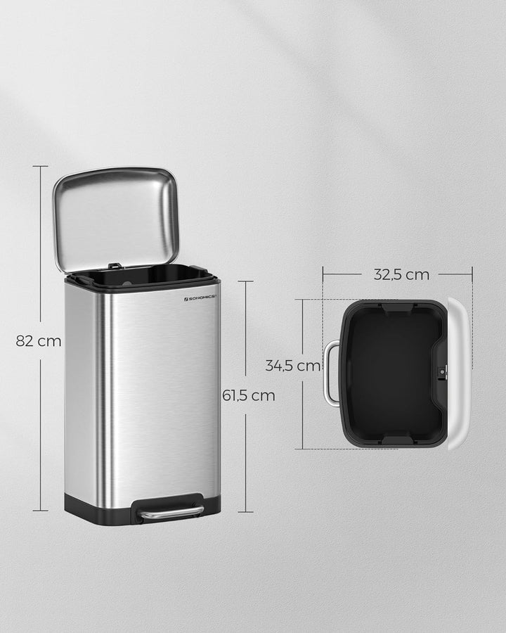 SONGMICS Mülleimer, 30 Liter Abfalleimer, Treteimer aus Stahl, mit Inneneimer und Deckel, Softclose,