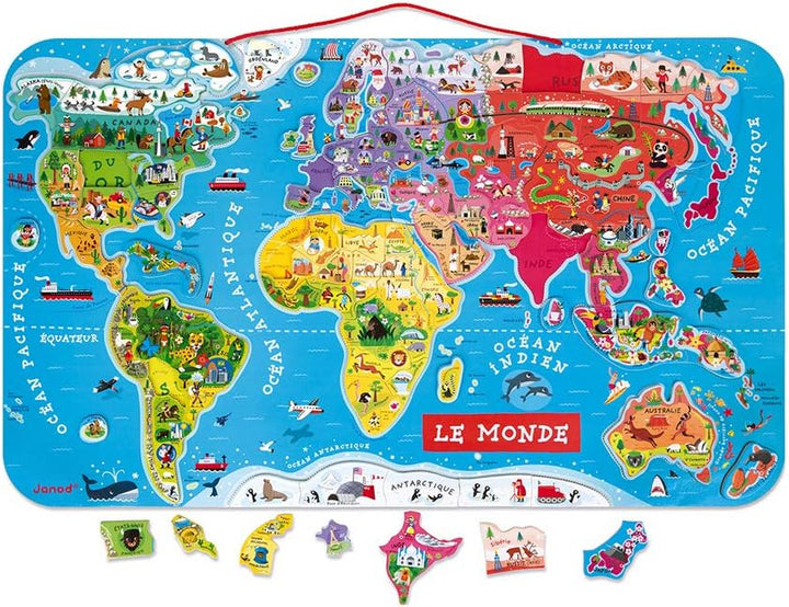 Janod - Magnetisches Weltkarten-Puzzle aus Holz, 92 magnetische Teile, 70 x 43 cm, französische Vers