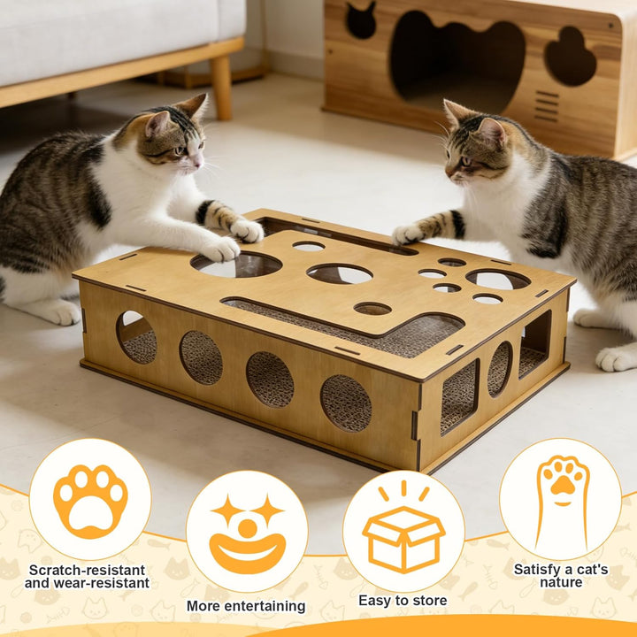 Beschäftigungsbox Krallenfeile Katzen, Kratzpuzzle Spielbox Holz, Katzen Krallenpflege Spielzeug, Kä