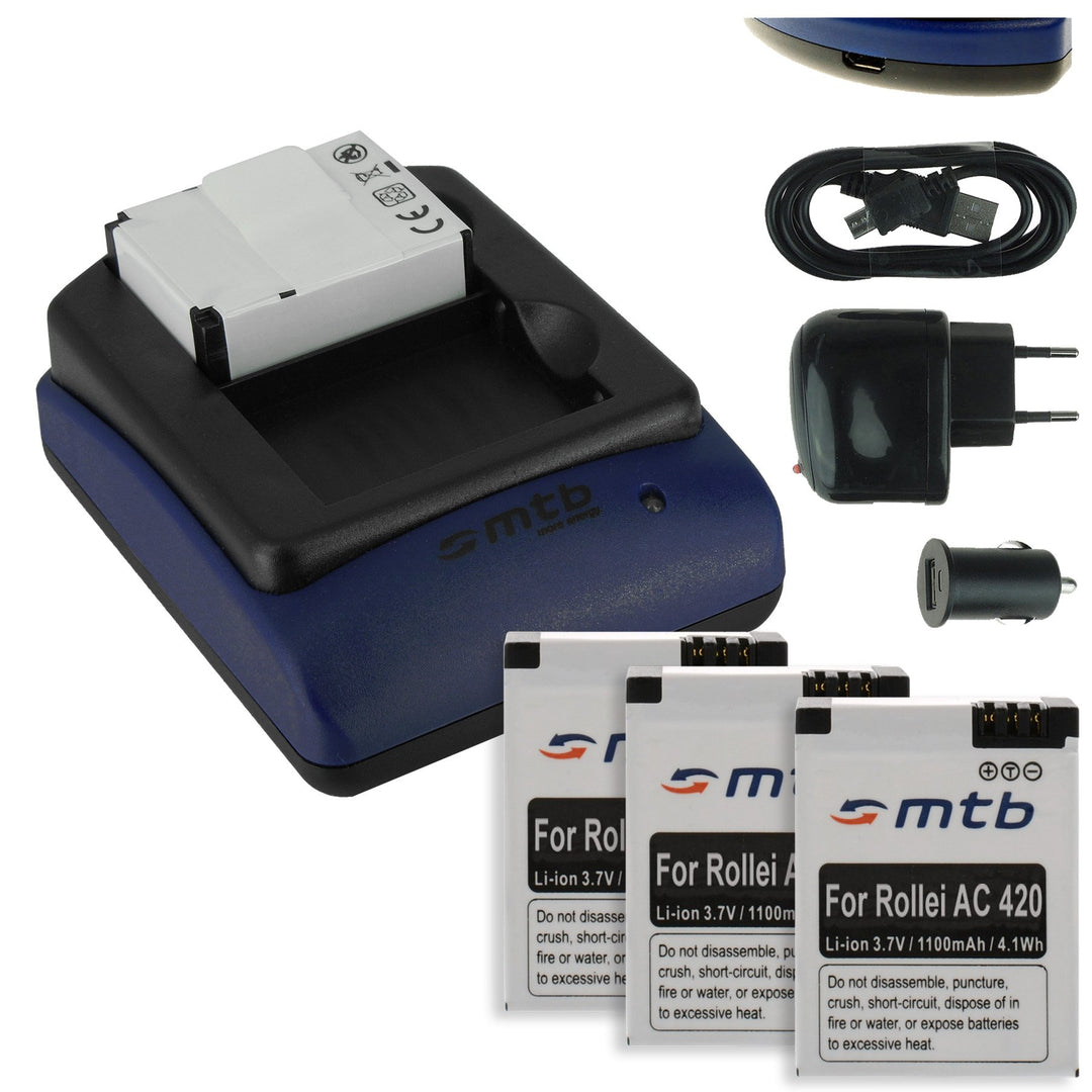 4X Akku + Dual-Ladegerät (Netz+Kfz+USB) kompatibel mit Rollei Actioncam 420 (4K Ultra WiFi)