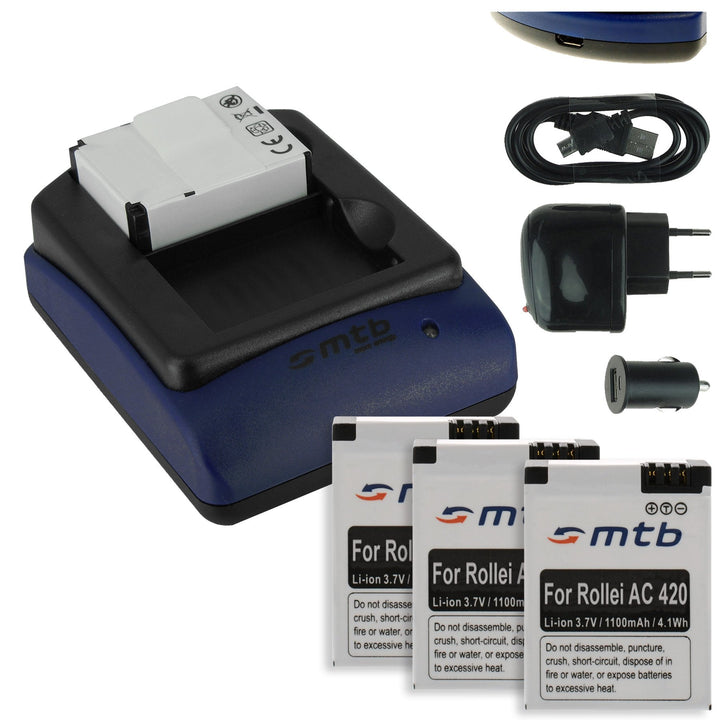 4X Akku + Dual-Ladegerät (Netz+Kfz+USB) kompatibel mit Rollei Actioncam 420 (4K Ultra WiFi)
