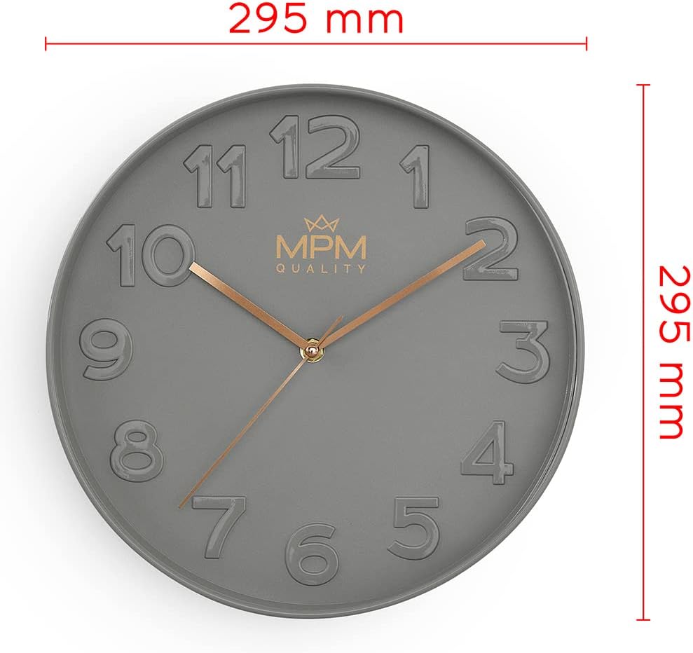 MPM Quality Design Wanduhr, Grau, Modern Kunststoff Uhr, Glas, Quarz-Uhrwerk Sweep, 305x305x42 mm, f