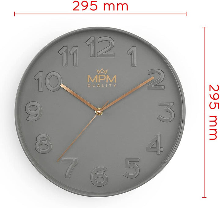 MPM Quality Design Wanduhr, Grau, Modern Kunststoff Uhr, Glas, Quarz-Uhrwerk Sweep, 305x305x42 mm, f