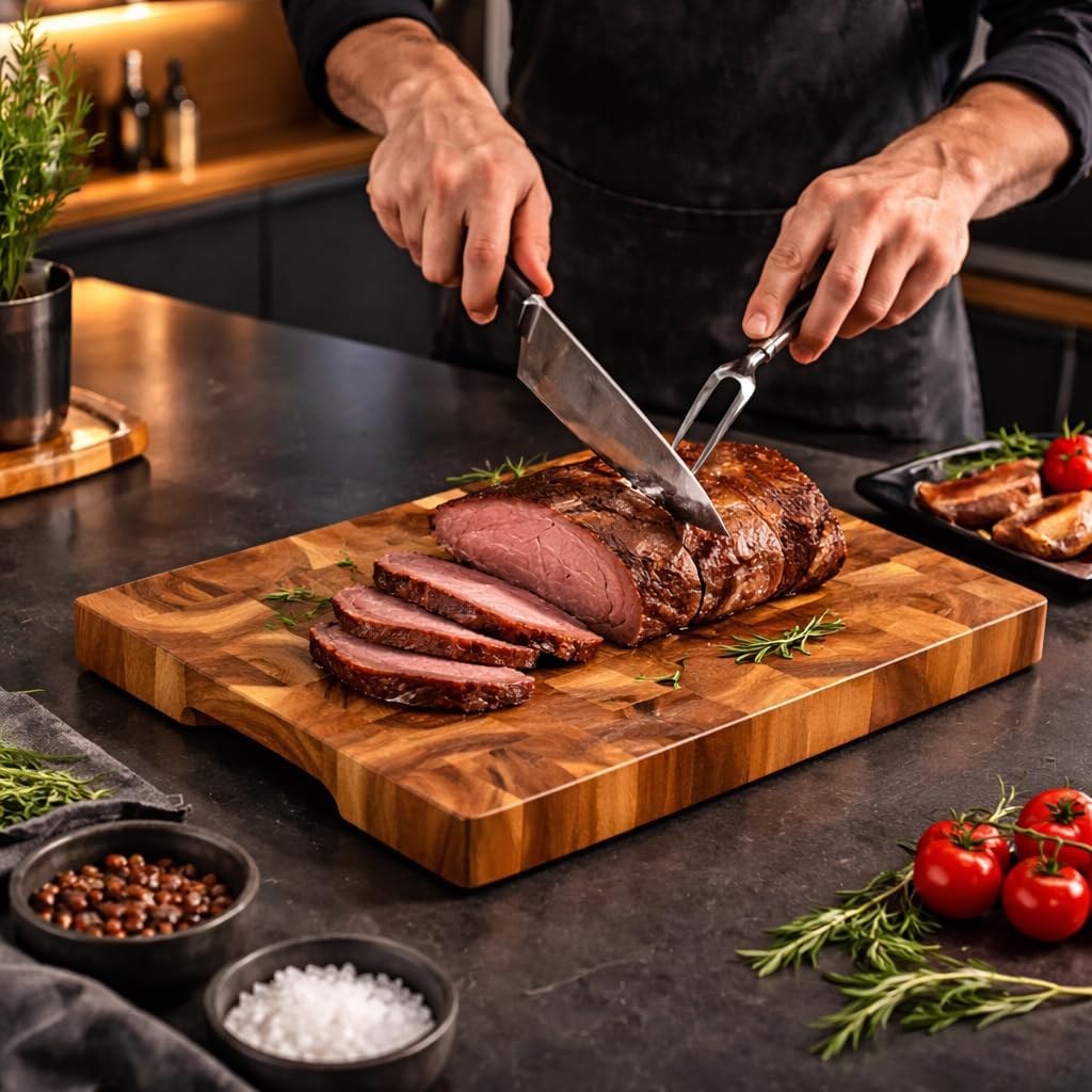 KESPER | Tranchierbrett aus Akazienholz, Stirnholz, mosaikverleimt, FSC®-zertifiziert, mit Griffmuld