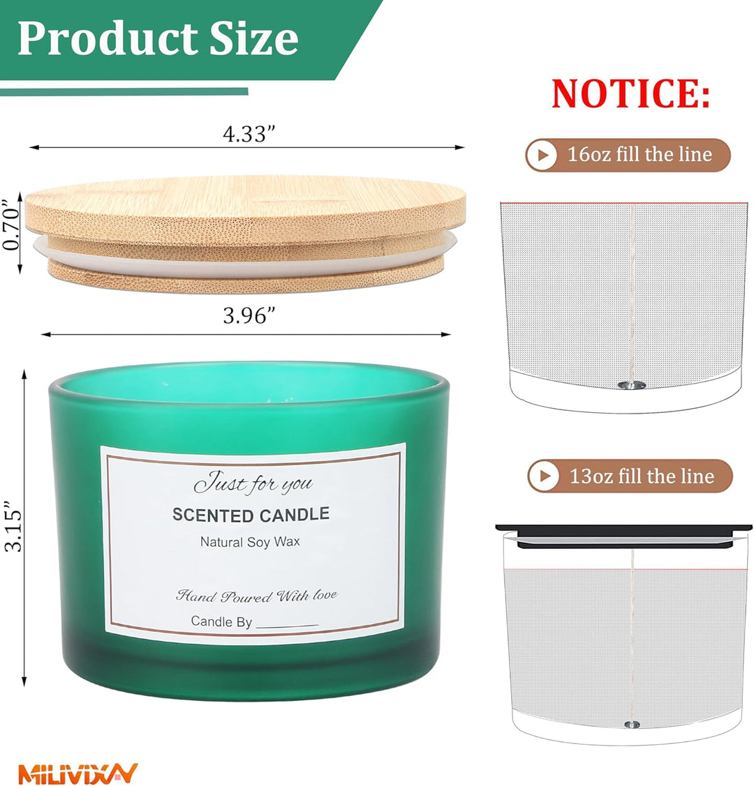 MILIVIXAY 6 x 473 ml Kerzengläser mit Bambusdeckel und Kerzenherstellungs-Kits – 3 Docht-Kerzenglas,
