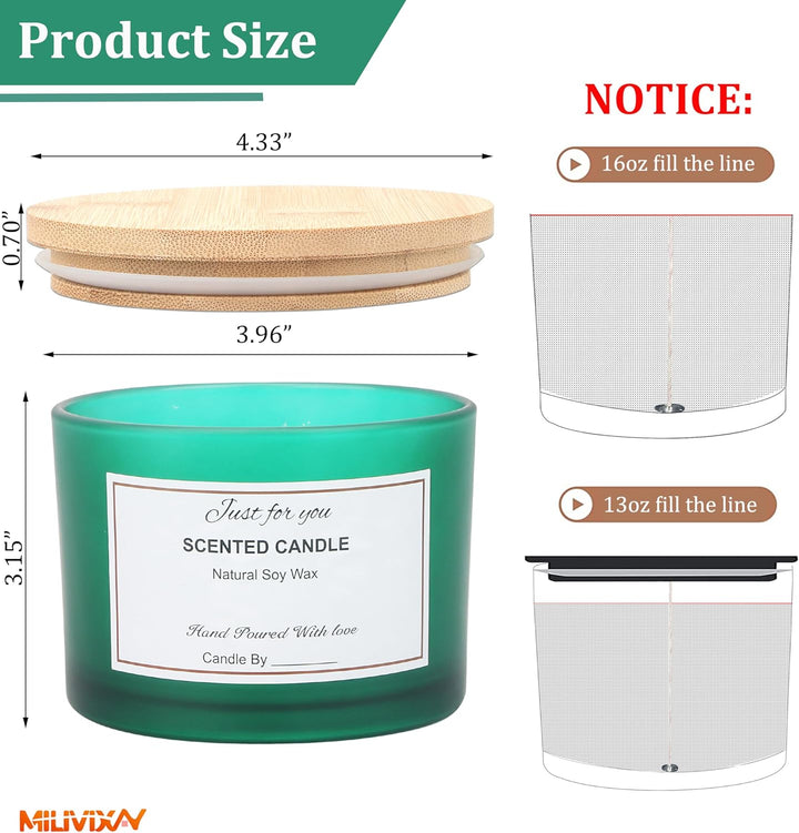 MILIVIXAY 6 x 473 ml Kerzengläser mit Bambusdeckel und Kerzenherstellungs-Kits – 3 Docht-Kerzenglas,