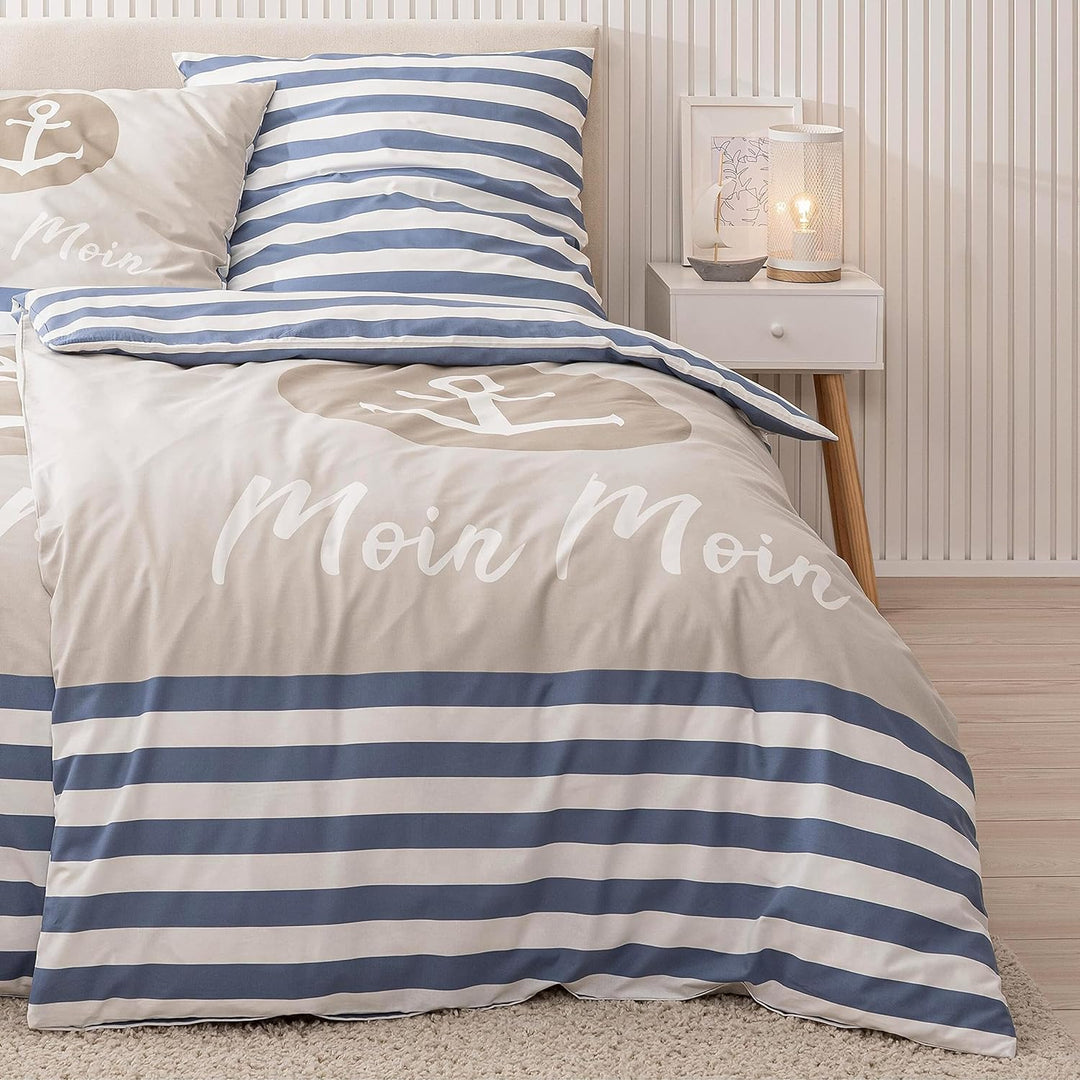 Anker Bettwäsche (4 - teilig Moin Moin) 135x200 + 80x80, Maritime Bettwäsche, Ferienhaus, Strandhaus