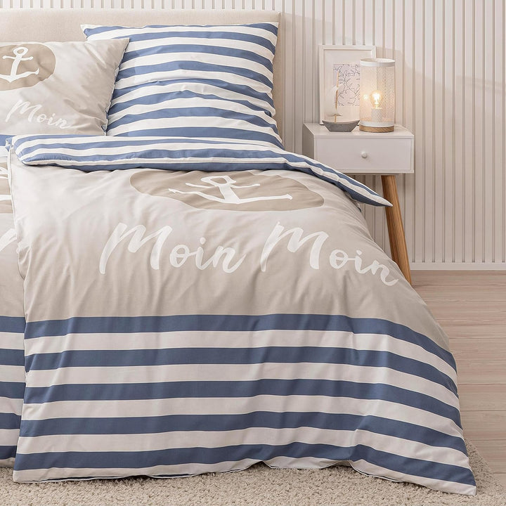 Anker Bettwäsche (4 - teilig Moin Moin) 135x200 + 80x80, Maritime Bettwäsche, Ferienhaus, Strandhaus