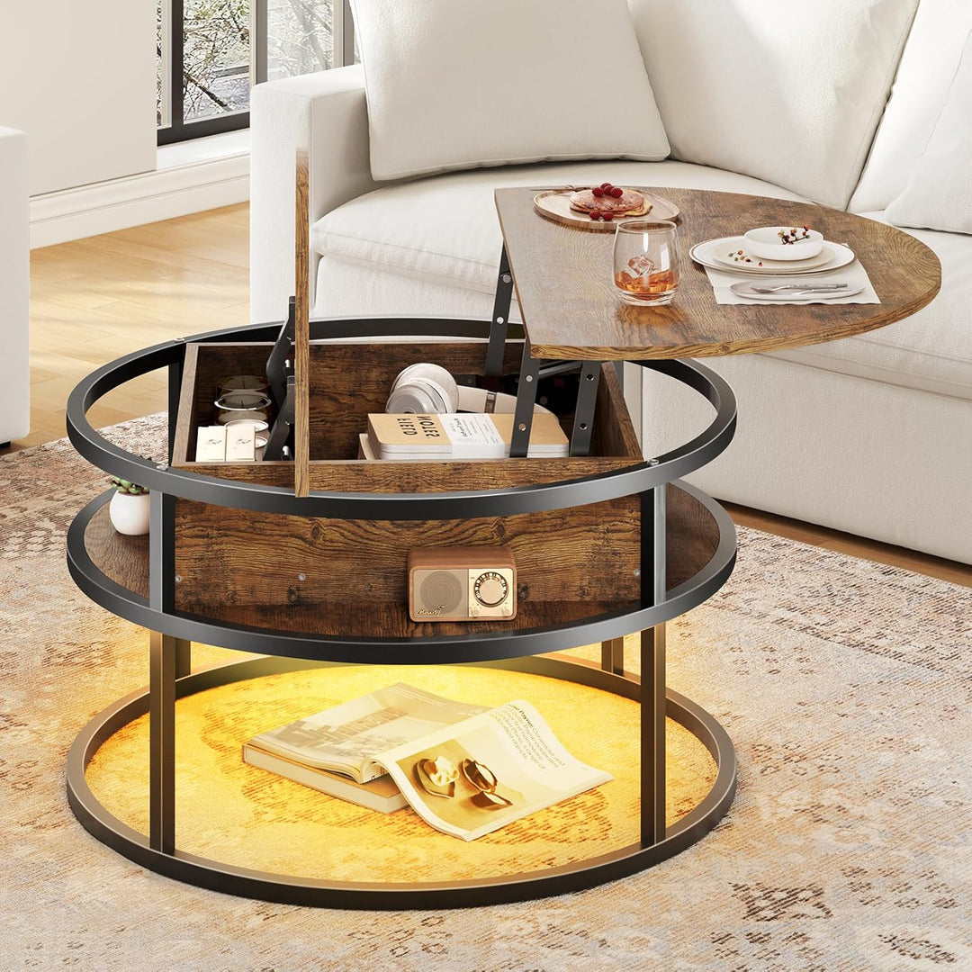 Dripex Couchtisch Rund, 81cm Durchmesser, Höhenverstellbar Beistelltisch mit Verstecktem Stauraum, W