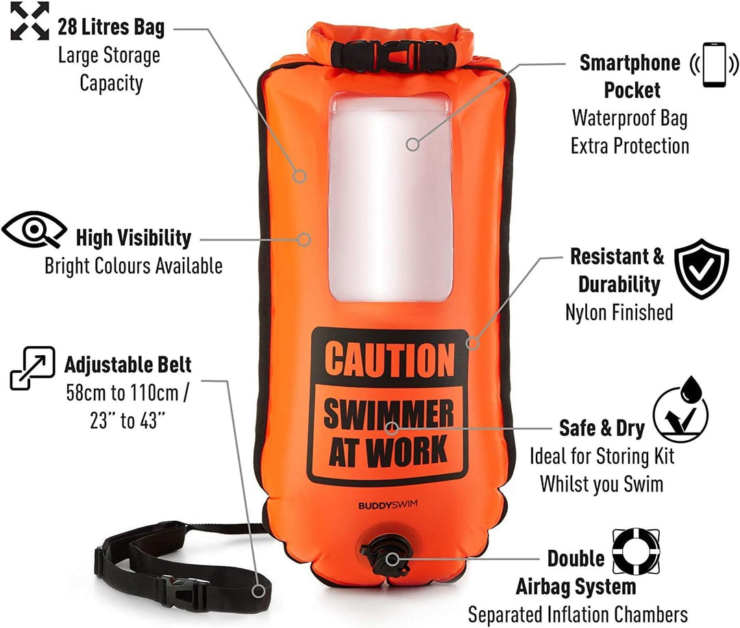 Schwimmboje 28 Liter. Schwimmboje Erwachsene freiwasser. Inklusive wasserdichter Tasche für das Hand