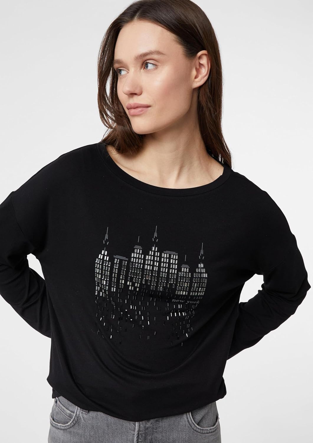 Comma Langarmshirt mit Frontprint und Strassdetails 46 99l0_schwarz, 46 99l0_schwarz