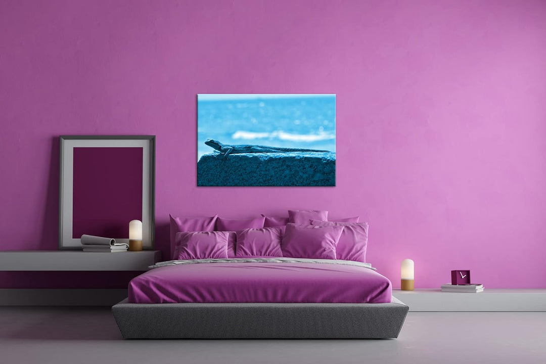 deyoli Gecko sonnt sich Format 80x60 Effekt: Monocrome Blau als Leinwandbild, Motiv fertig gerahmt a