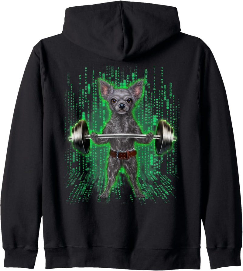 Chihuahua-Hund, der Gewichte im Cyber-Fitnessstudio hebt Kapuzenjacke