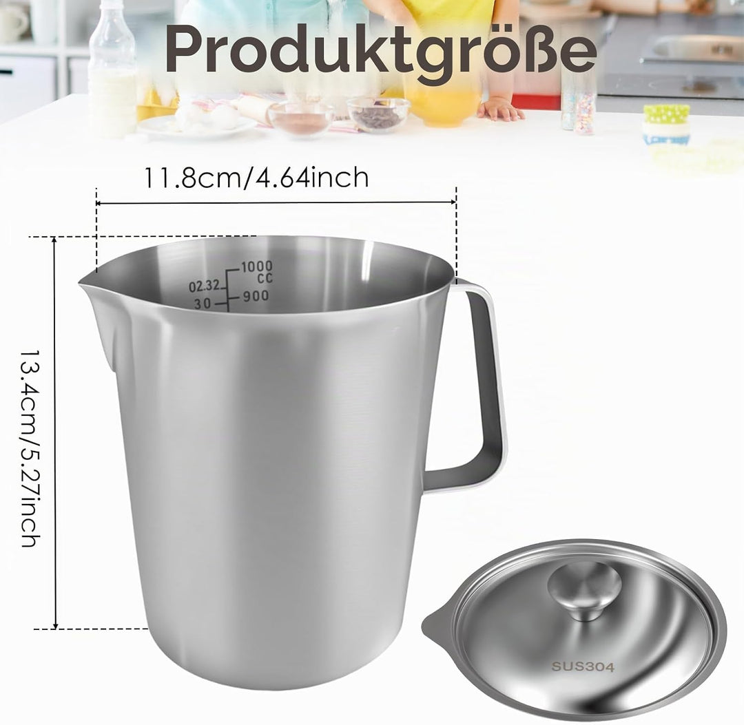 1000ml Milchkännchen mit Feiner Graduierung Deckel Messbecher Edelstahl Milk Pitcher Milchkanne Edel