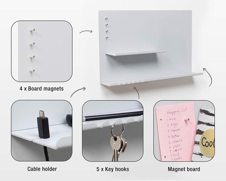 byde Wandorganizer Hebe aus Stahlstruktur. 49 x 9 x 30 cm 3-in-1 Wandregal mit Magnettafel und Magne