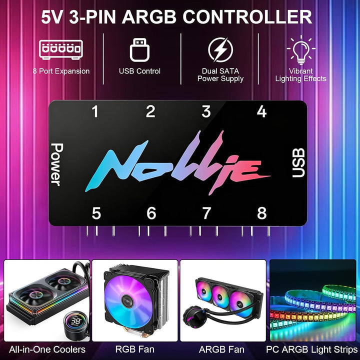 8-Port Signal RGB Controller, 5V 3PIN SATA-Gespeister ARGB-Controller PC-Beleuchtungs-Hub mit 2 SATA