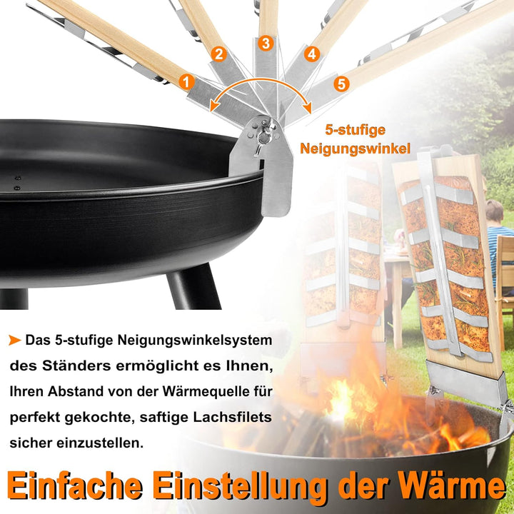 NAIZY Flammlachsbrett 2X Flammlachsbretter mit Edelstahl-Halterung Lachsbretter 5 Stufen Einstellbar
