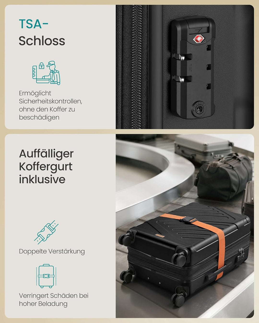 SONGMICS Koffer, Reisekoffer, Hartschalenkoffer mit TSA-Schloss, Koffergurt, ABS-Trolley, 4 Zwilling