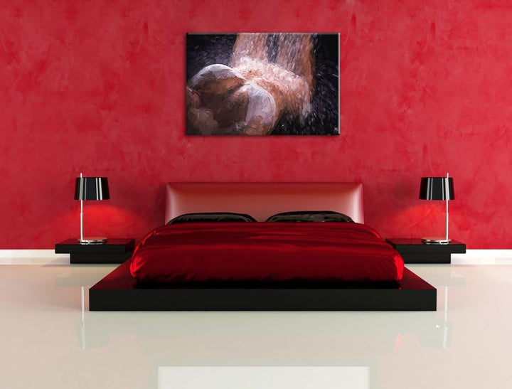 Pixxprint Frau im Bikini Unter Einer Dusche Pinsel Effekt, Format: 100x70 auf Leinwand, XXL riesige