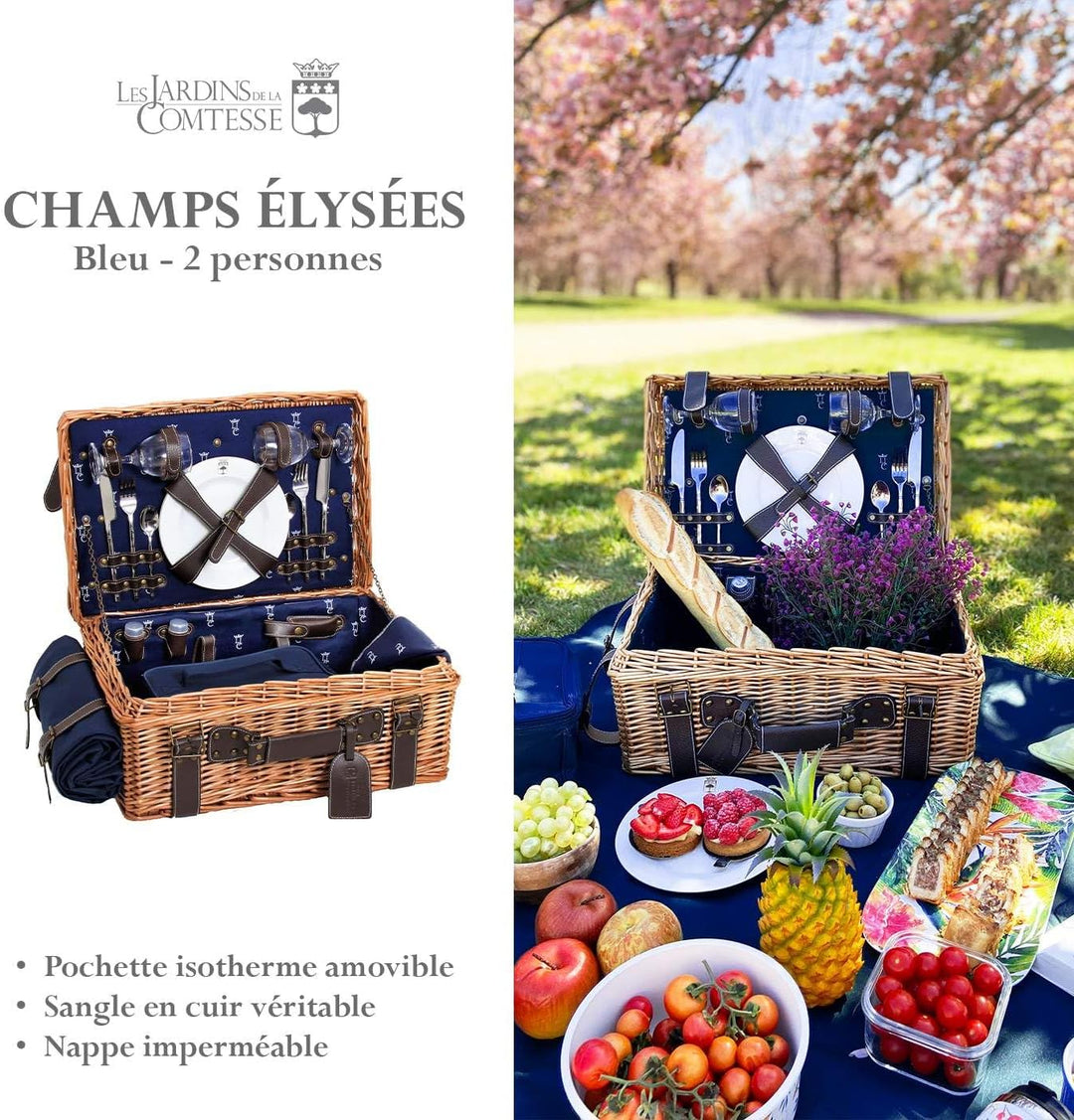 Les Jardins de la Comtesse - Picknick Wicker und Leder Champs-Elysees Blau - Picknickkorb Full / 2 P