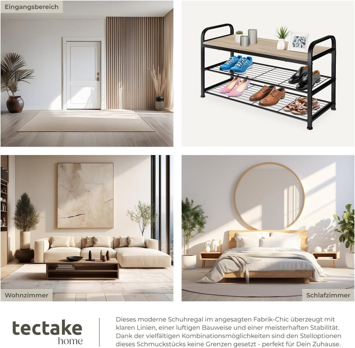tectake 800951 Schuhregal mit Sitzfläche, Schuhbank aus Holz und Metall, Industrie-Design, 3 Ebenen
