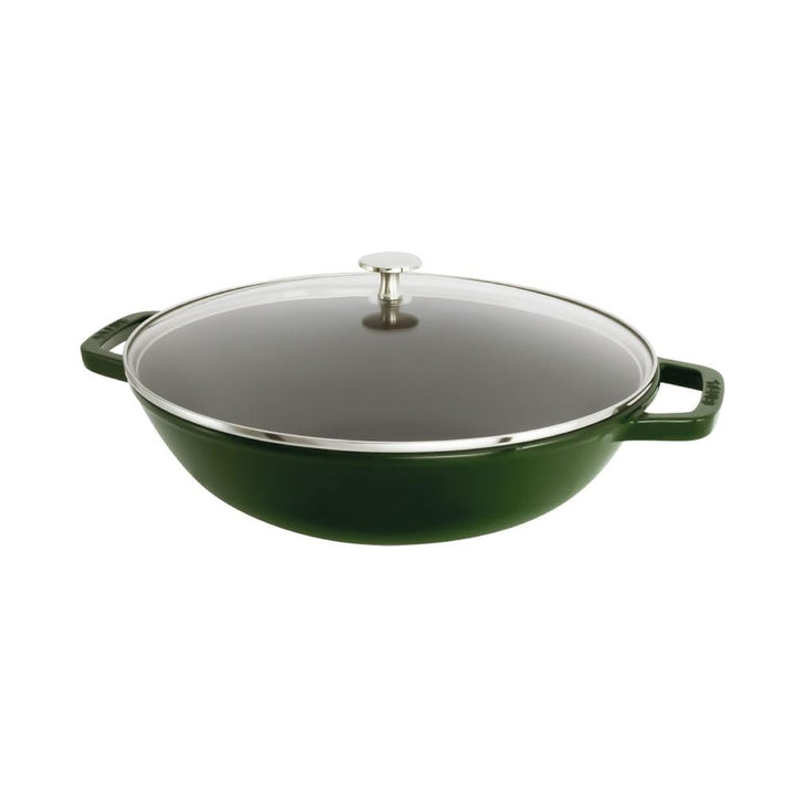 STAUB Wok aus Gusseisen, 30 cm, inkl. Glasdeckel, Induktionsgeeignet, Basilikumgrün