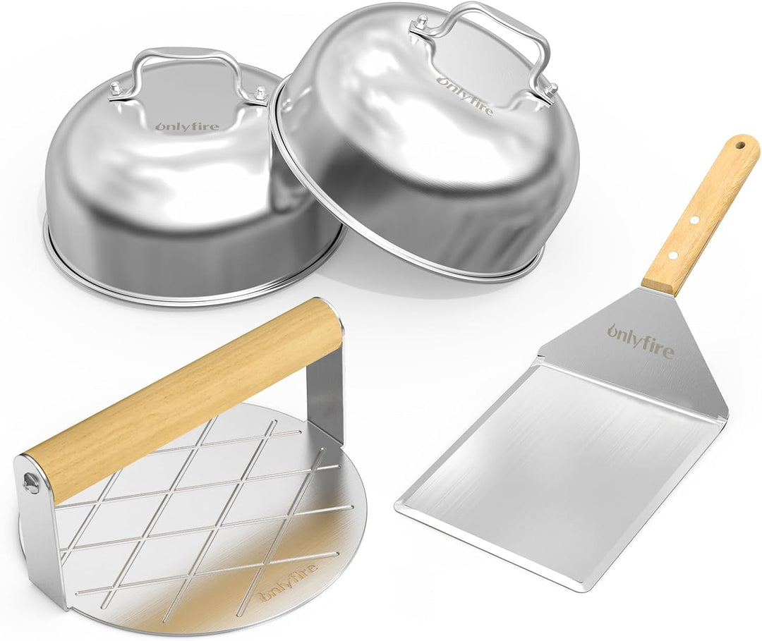 Onlyfire Edelstahl Grillbesteck Set, 4-Teilig Grillkoffer Set mit Runder Burgerpresse, Grillspachtel
