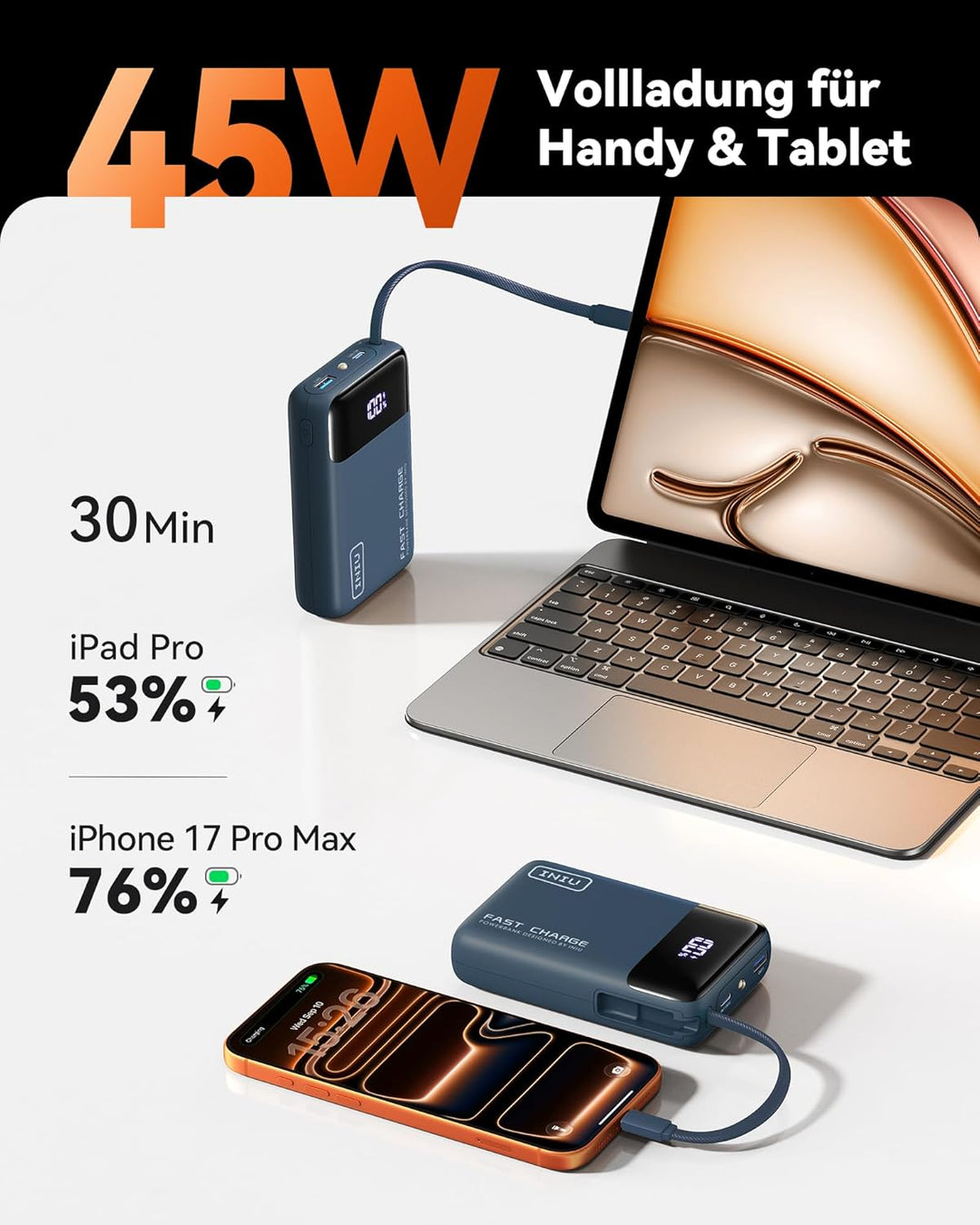 INIU 45W Power Bank, Ultra Klein 20000mAh Powerbank mit Integriertem USB C Kabel, Schnellladen Exter