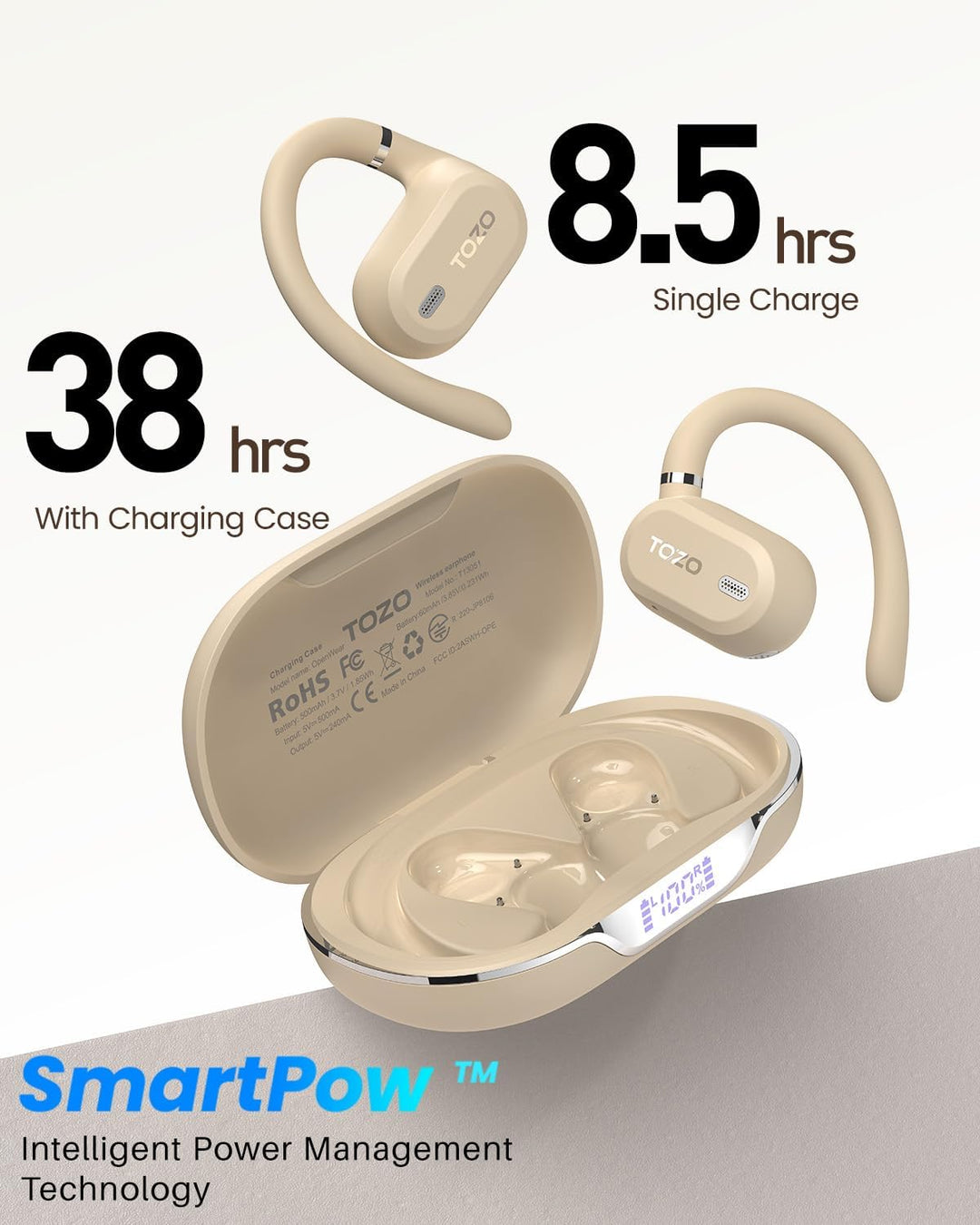 TOZO OpenWear Kabellose Bluetooth-Kopfhörer, ENC-Anrufe, 14,2mm Treiber, 38 Std Wiedergabe,LED-Anzei
