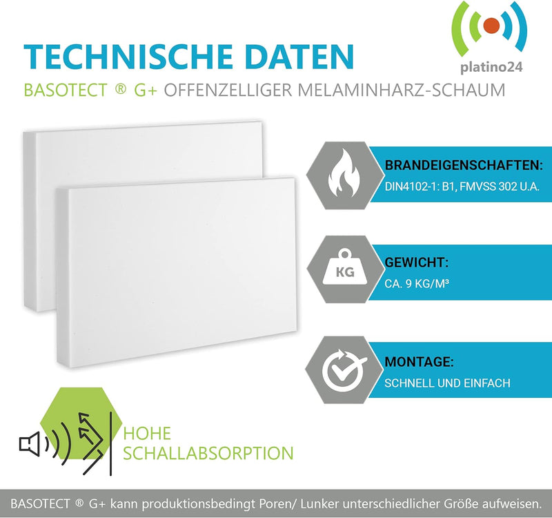 platino24 4x Schallabsorber je 82,5x55x5cm aus Basotect G+ Schaumstoff Schalldämmung Dämmung