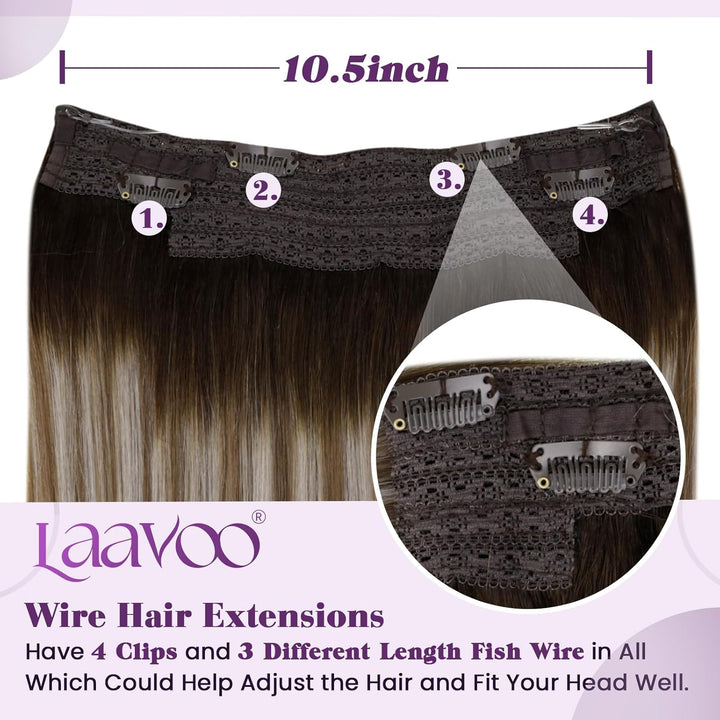 LaaVoo Extensions Echthaar mit Draht Balayage Braun Secret Wire Echthaar Extensions Dunkelbraun Ombr