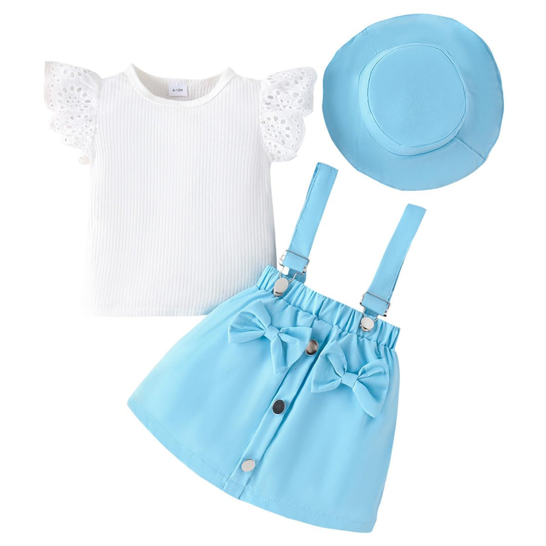 Kleinkind Baby Mädchen Rüschen Hosenschlitz Kurzarm Geripptes Oberteil + Schleife Strapsrock Overall