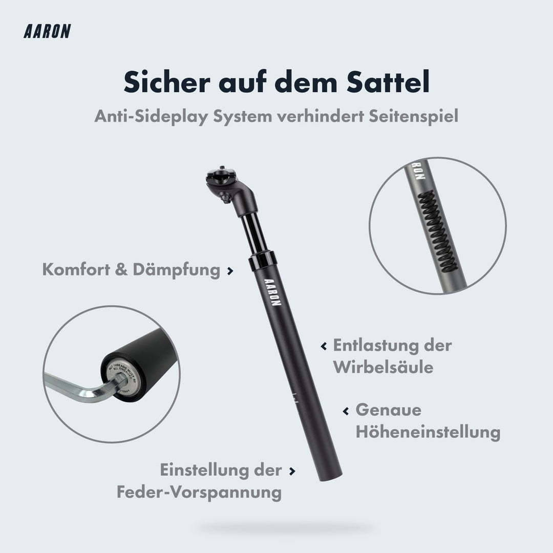 AARON Spring Federsattelstütze mit 27,2, 30,9 oder 31,6 mm Durchmesser - Gefederte Aluminium Sattels