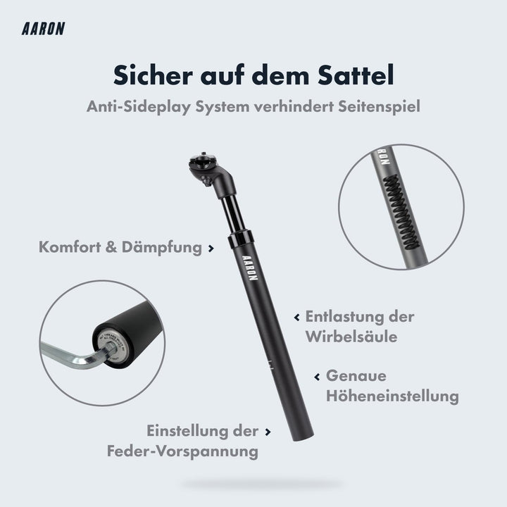 AARON Spring Federsattelstütze mit 27,2, 30,9 oder 31,6 mm Durchmesser - Gefederte Aluminium Sattels