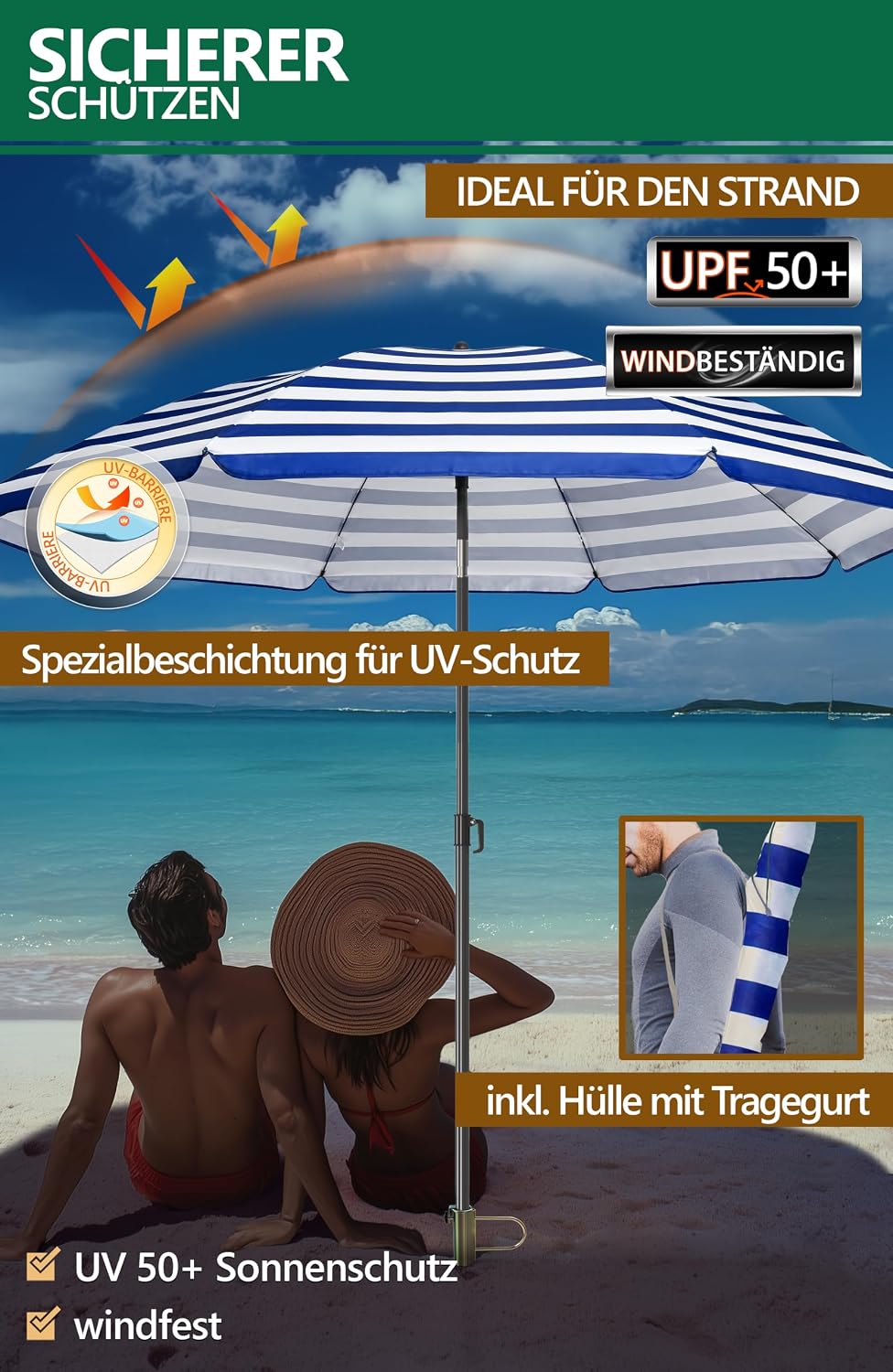 4smile Sonnenschirm Strand 3-IN-1 SET mit Rasendorn, Ø 180 cm, Blau-Weiss | Strandschirm windfest st