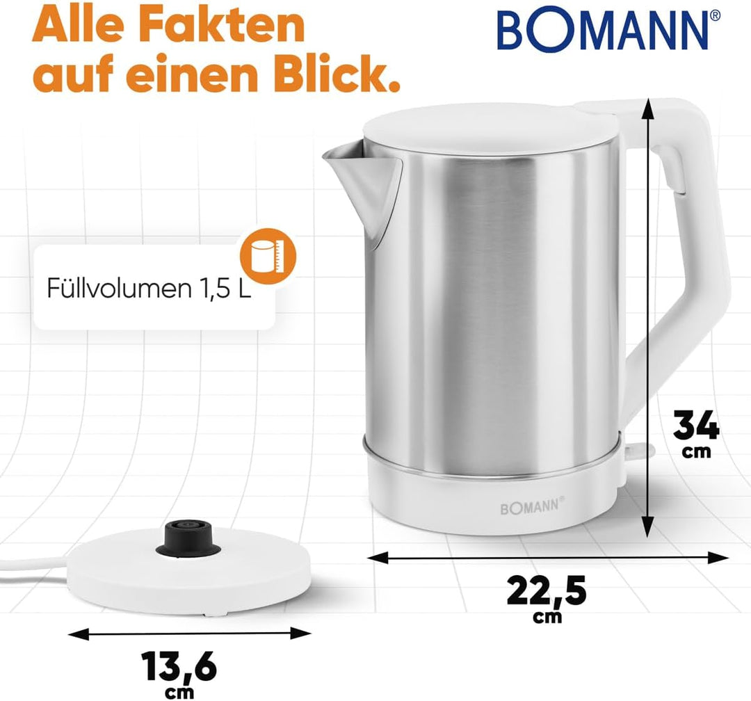 Bomann® Wasserkocher | 1.5 Liter Füllmenge | Sicherheitsklappdeckel | 2200 W Leistung | verdecktes H
